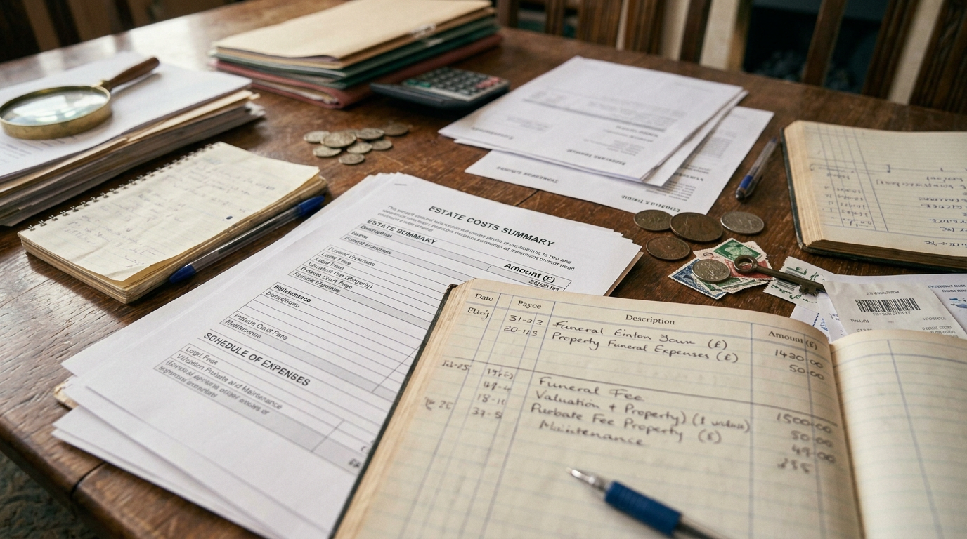 Close-up of estate cost papers on table